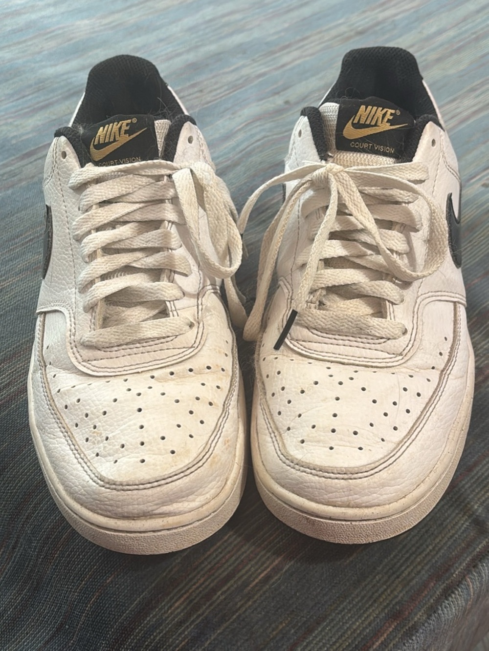 Nike Men’s White and Black Court Vision Sneakers with Gold Logo